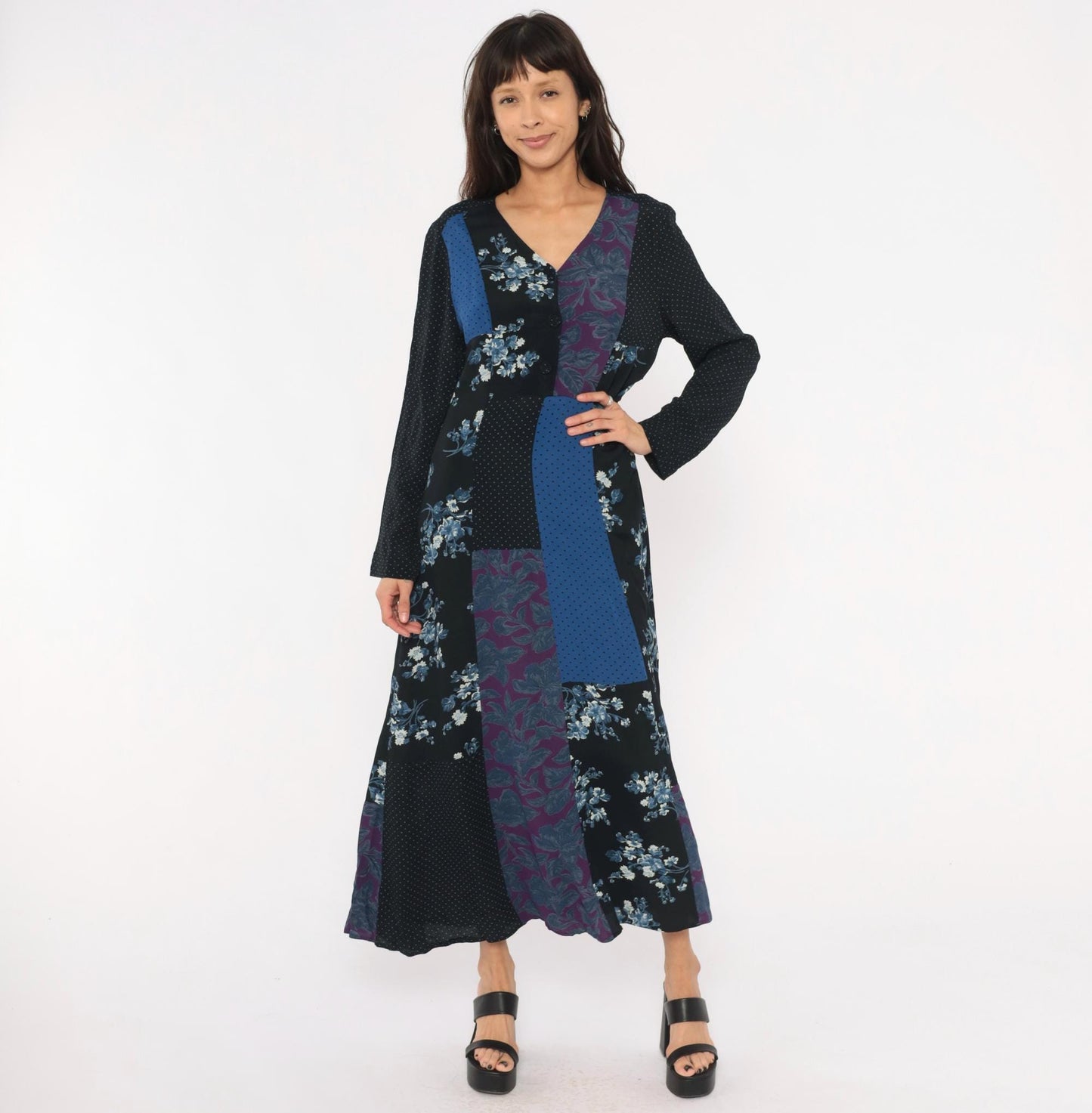90s Carole Little Patchwork Floral Maxi Dress V Neck Button Front Medium M