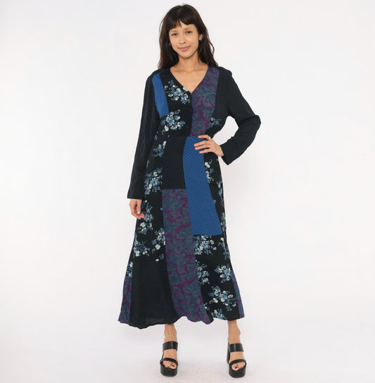90s Carole Little Patchwork Floral Maxi Dress V Neck Button Front Medium M