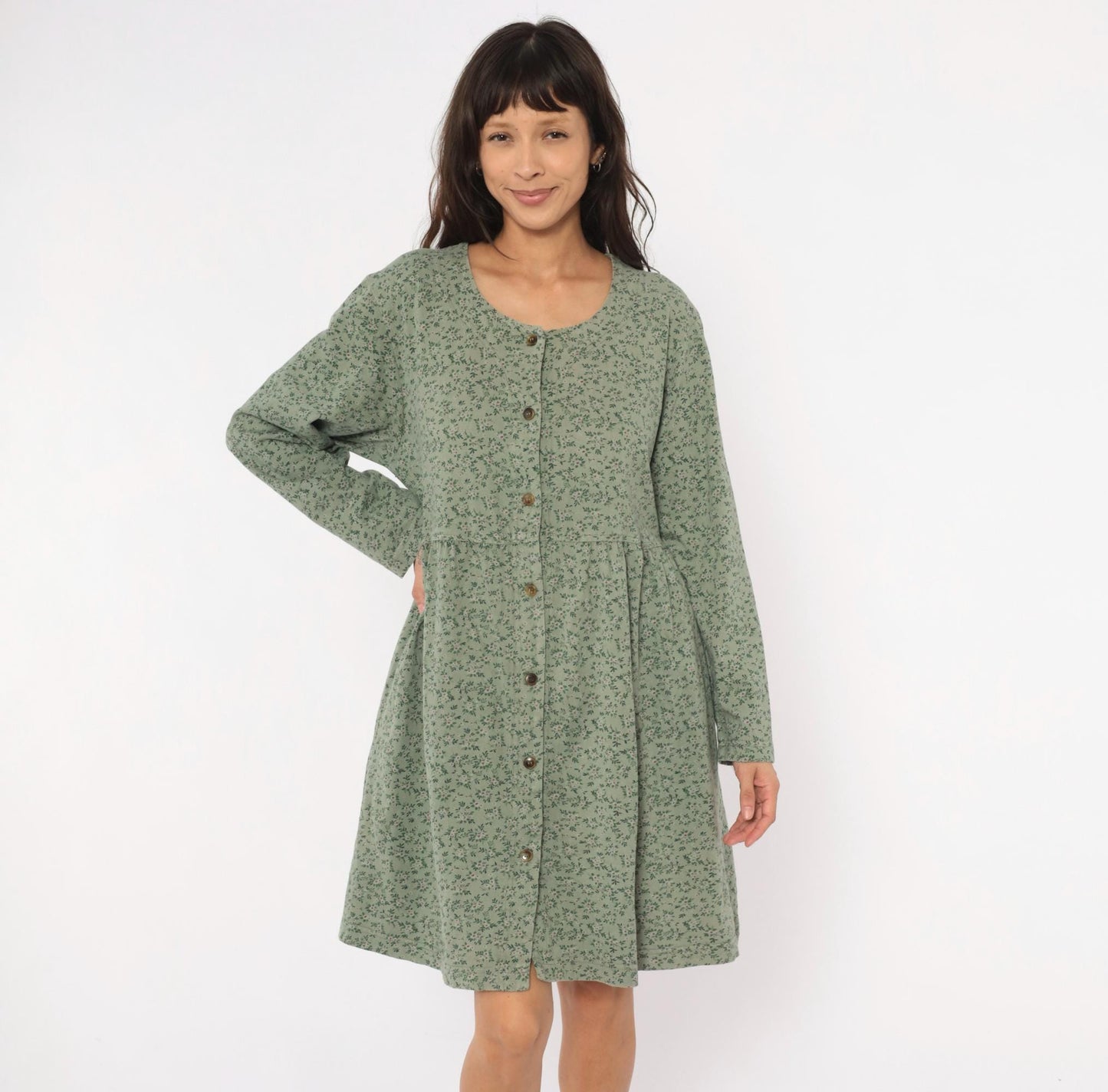 90s Sage Green Floral Button Front Dress Long Sleeve Cotton Prairie Gathered Waist Large L