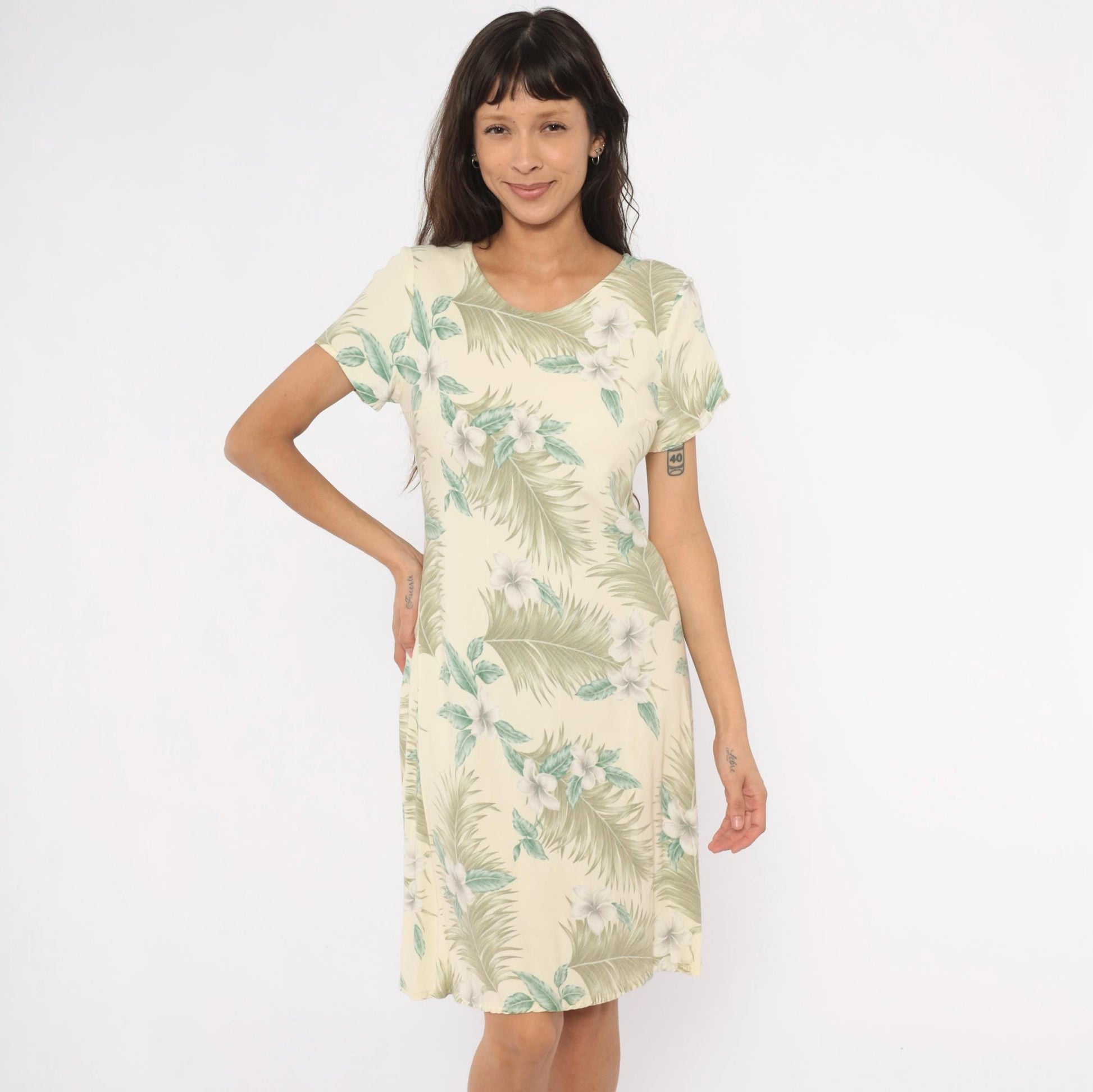 90s Hilo Hattie Hawaiian Dress Plumeria Palm Leaf Cream Olive Medium M