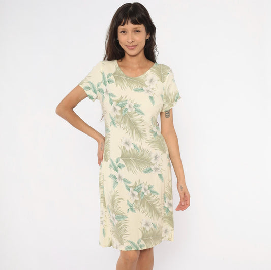 90s Hilo Hattie Hawaiian Dress Plumeria Palm Leaf Cream Olive Medium M
