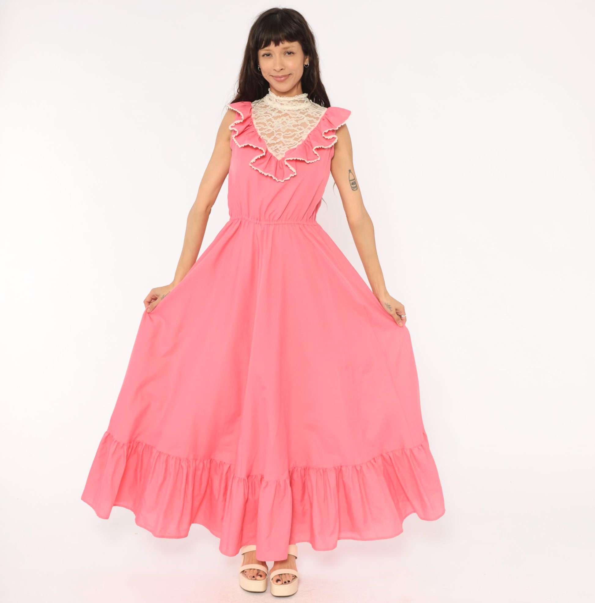 70s Pink Lace Bib Maxi Dress Ruffle Trim High Neck Floral Panel Medium