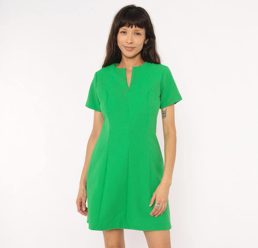 60s Sears Mod Mini Dress Green Shift Waffle Knit Fitted Waist Medium