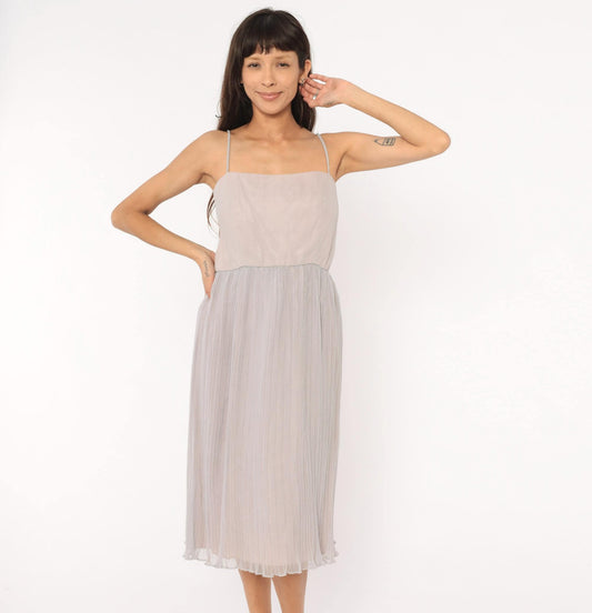 70s Lee Jordan Lavender Midi Dress Square Neck Pleated Chiffon Extra Small XS