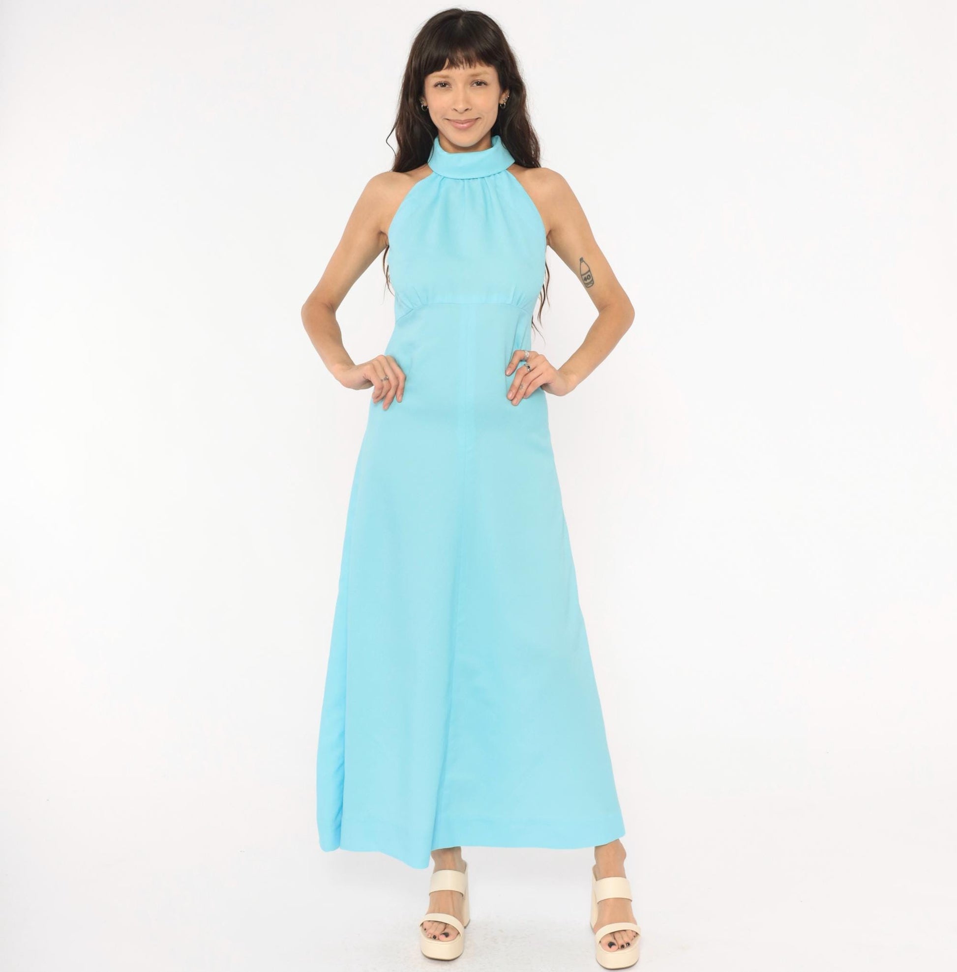 70s Sky Blue Halter Maxi Dress High Neck Sleeveless A-Line Small