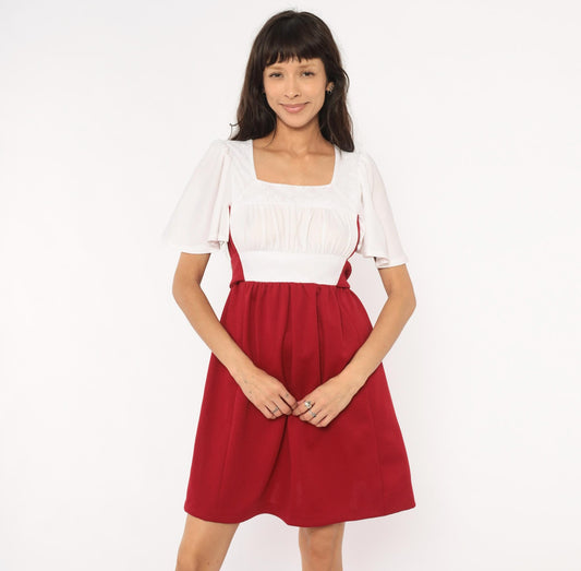 70s Burgundy Wine Mini Dress Ivory Bodice Puff Sleeve Square Neck Empire Waist Small