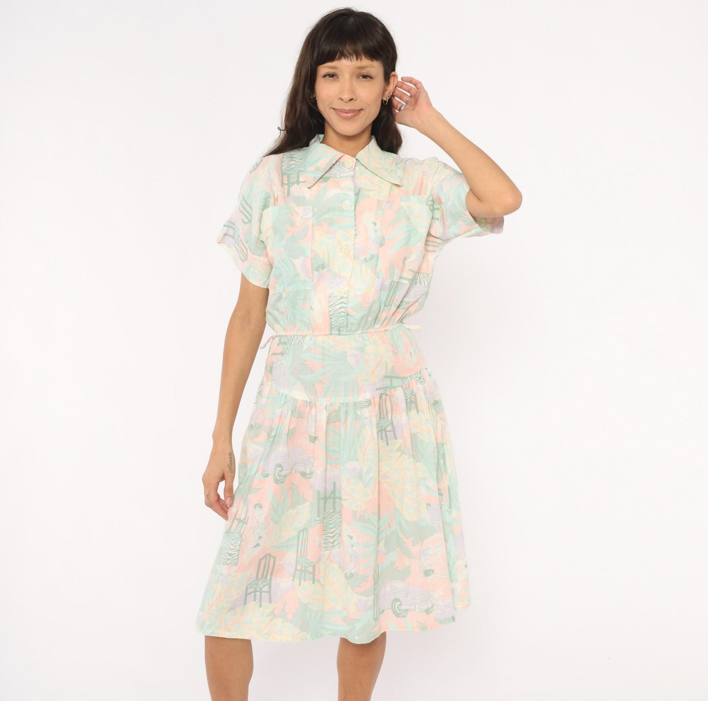 80s 3 Star Novelty Print Shirt Dress Pink Teal Knee-Length Small