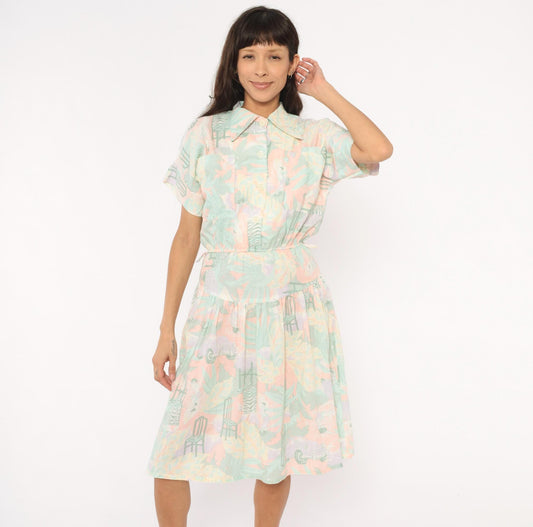 80s 3 Star Novelty Print Shirt Dress Pink Teal Knee-Length Small