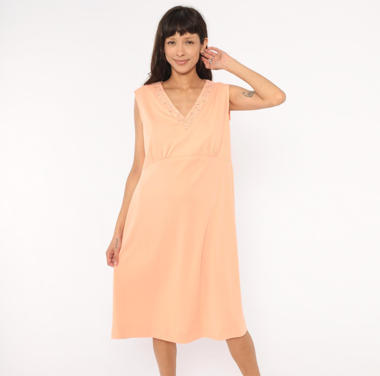 1970s Peach Beaded Empire Waist Dress Sequin V-Neck Knee-Length Extra Large XXL