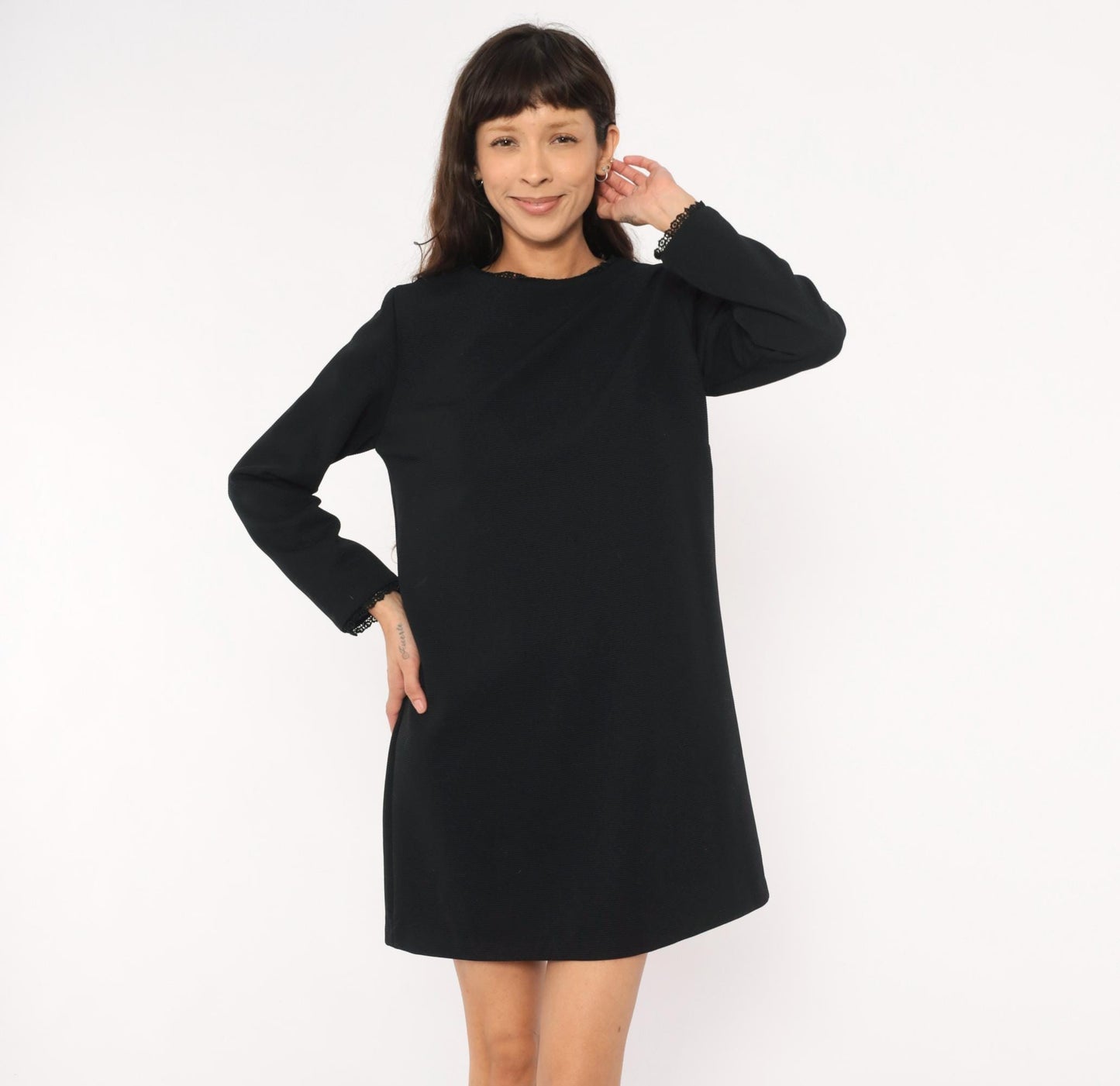 70s Meg Madison Black Shift Dress Lace Trim Long Sleeve Mini Crew Neck Large L