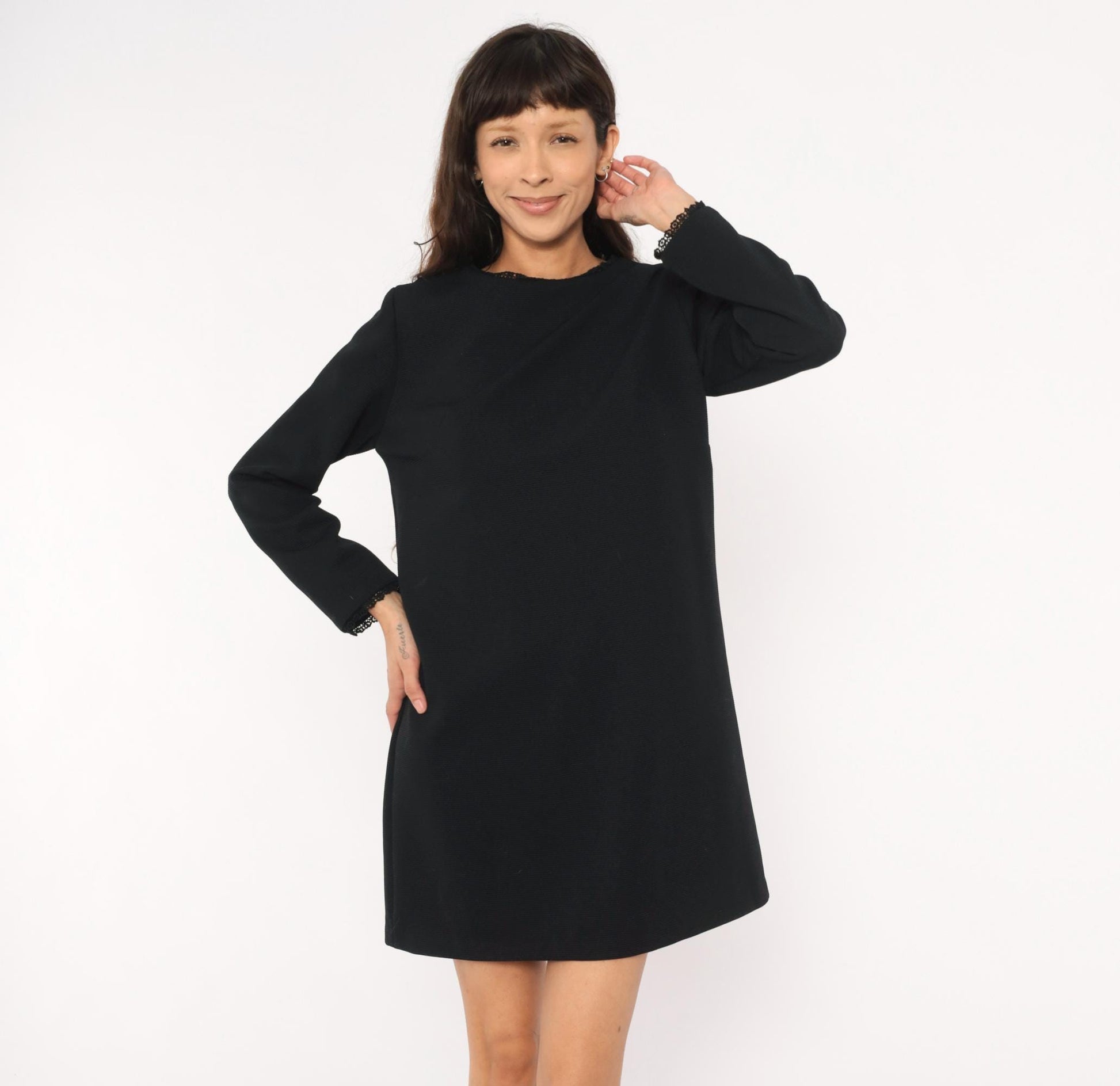 70s Meg Madison Black Shift Dress Lace Trim Long Sleeve Mini Crew Neck Large L