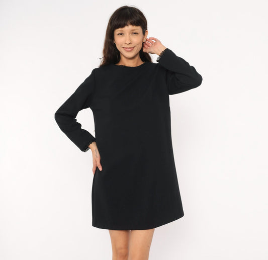 70s Meg Madison Black Shift Dress Lace Trim Long Sleeve Mini Crew Neck Large L