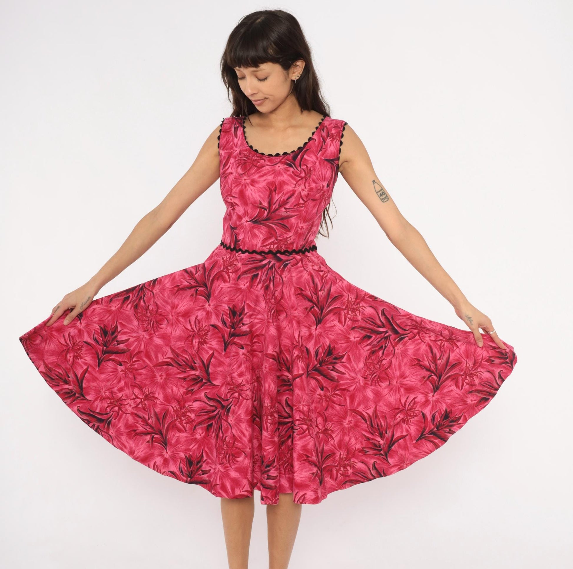 60s Tropical Floral A-Line Dress Pink Black Ric Rac Cotton Small