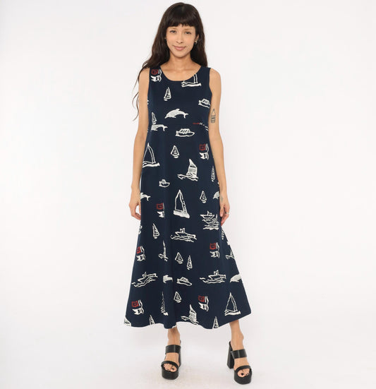 90s Copa Cabana Navy Nautical Maxi Dress Sailboat Dolphin Print Medium