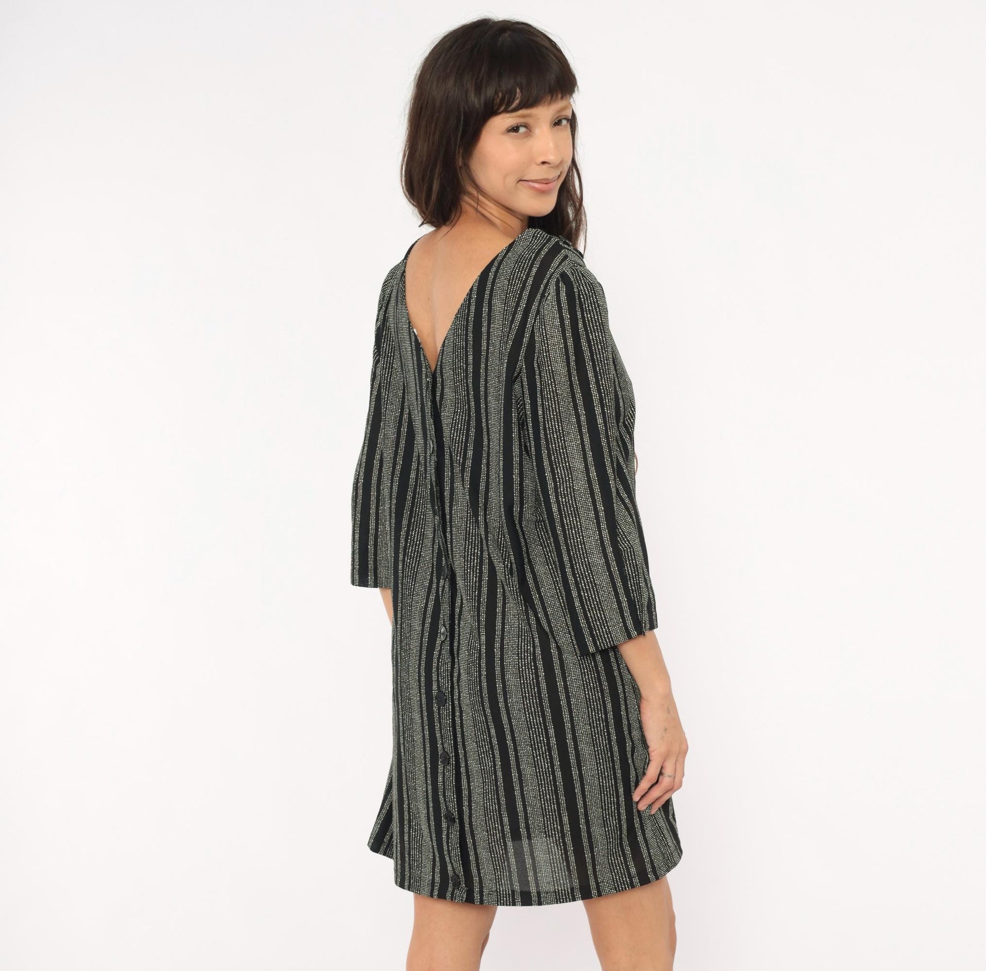 70s Zoey T Black White Striped Shift Dress Boat Neck Button Back Large