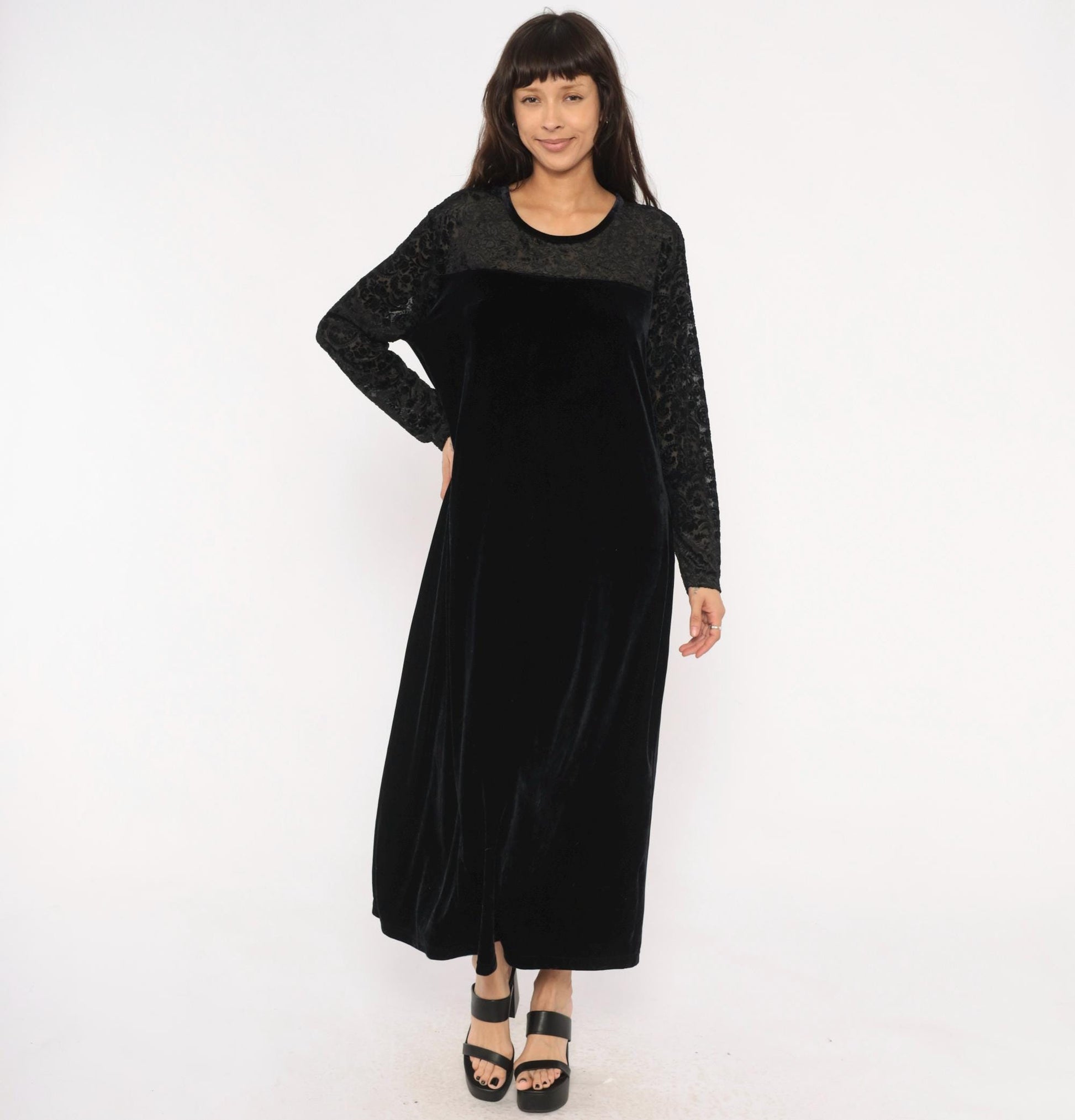 90s Jacqueline Ferrar Black Velvet Maxi Dress Lace Sleeve Gothic Gown Extra Extra Large XXL