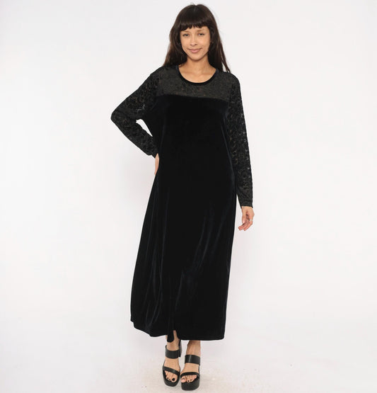 90s Jacqueline Ferrar Black Velvet Maxi Dress Lace Sleeve Gothic Gown Extra Extra Large XXL