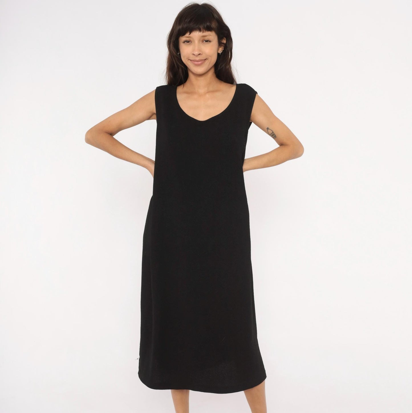 90s Dana Kay Black Sleeveless Midi Dress Scoop Neck Column Extra Large