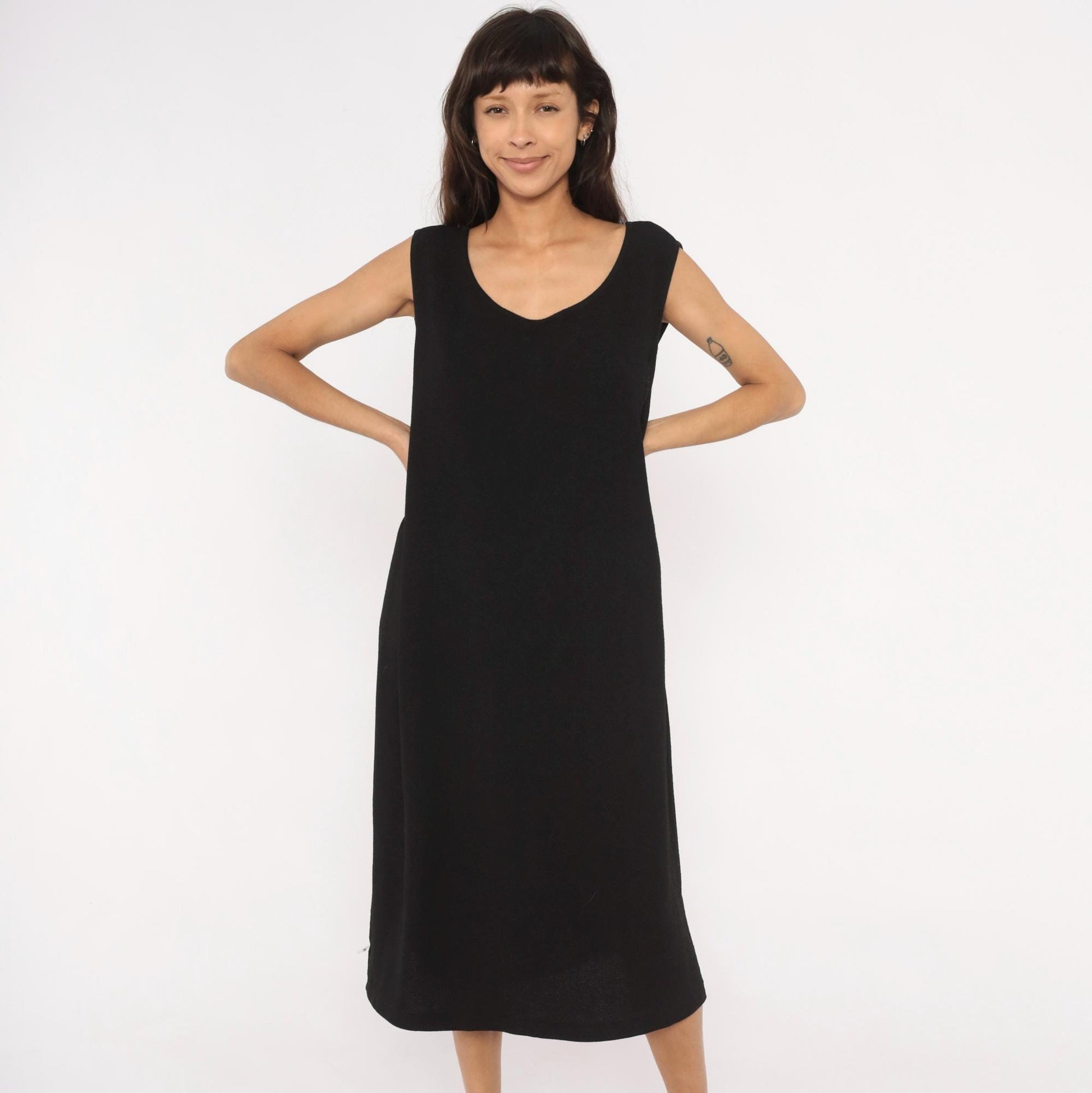 90s Dana Kay Black Sleeveless Midi Dress Scoop Neck Column Extra Large
