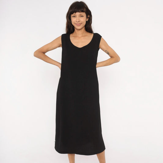 90s Dana Kay Black Sleeveless Midi Dress Scoop Neck Column Extra Large