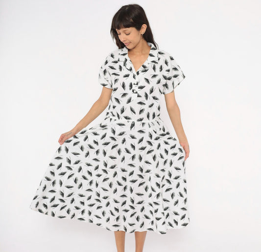 80s Lady Carol Feather Print Shirtdress White Black Cotton Midi Large L