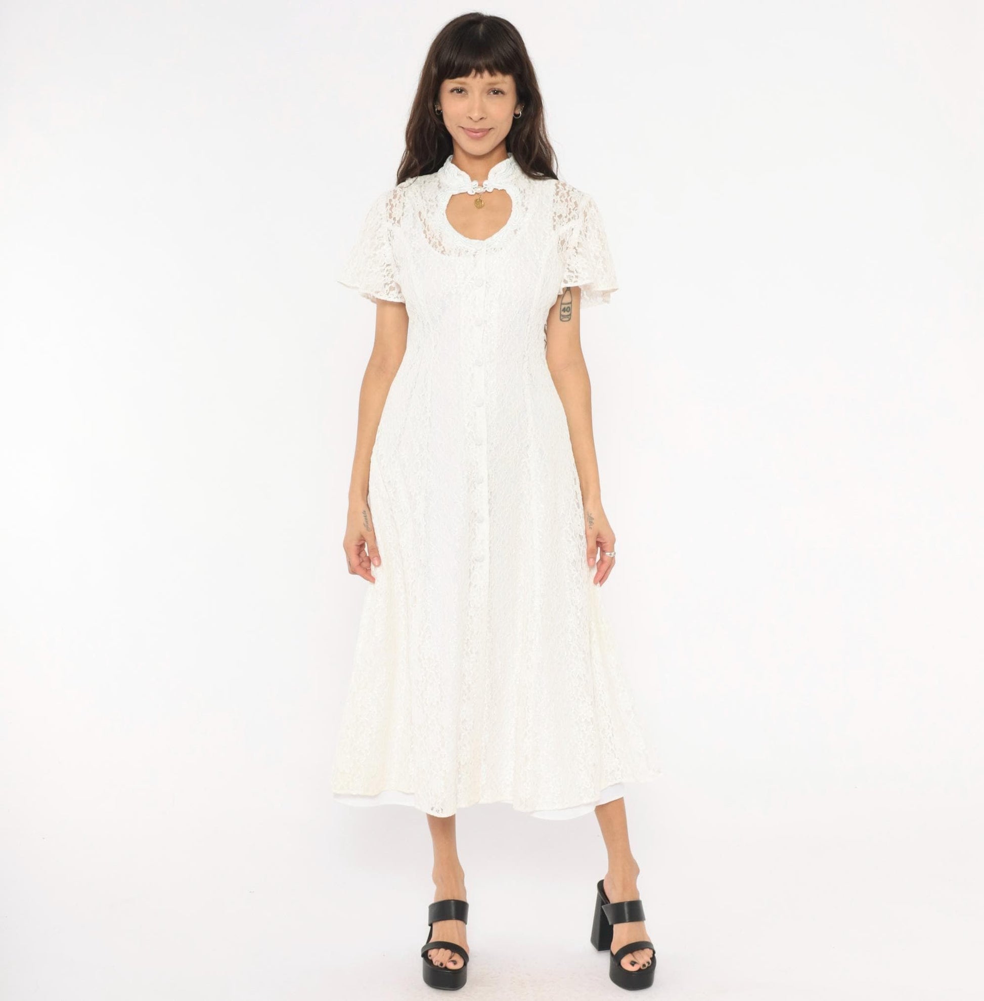 90s Jody White Lace Midi Dress Heart Cutout Mandarin Collar Small