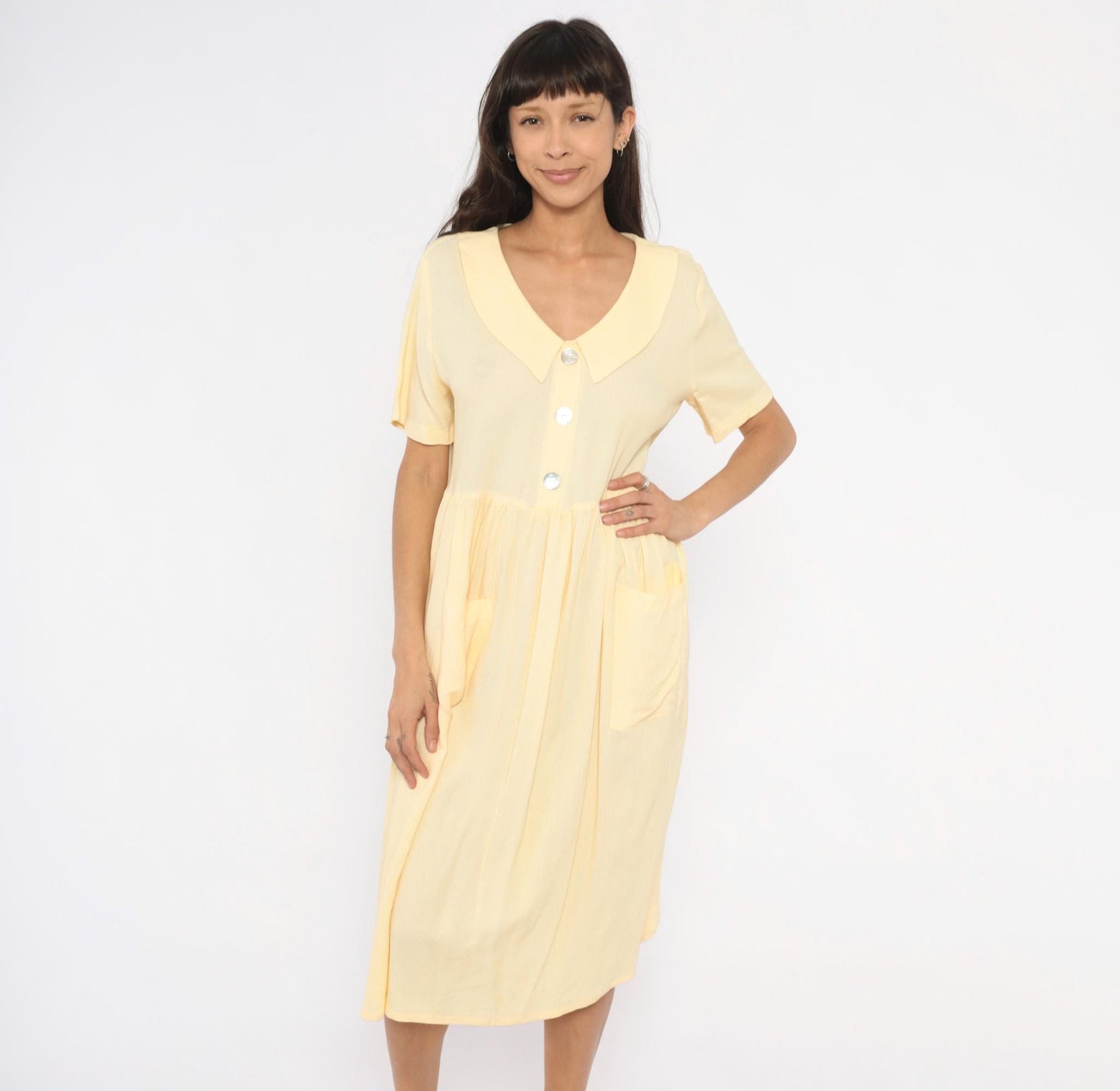 90s Dressing Clio Yellow Gingham Midi Dress Peter Pan Collar Petite Medium
