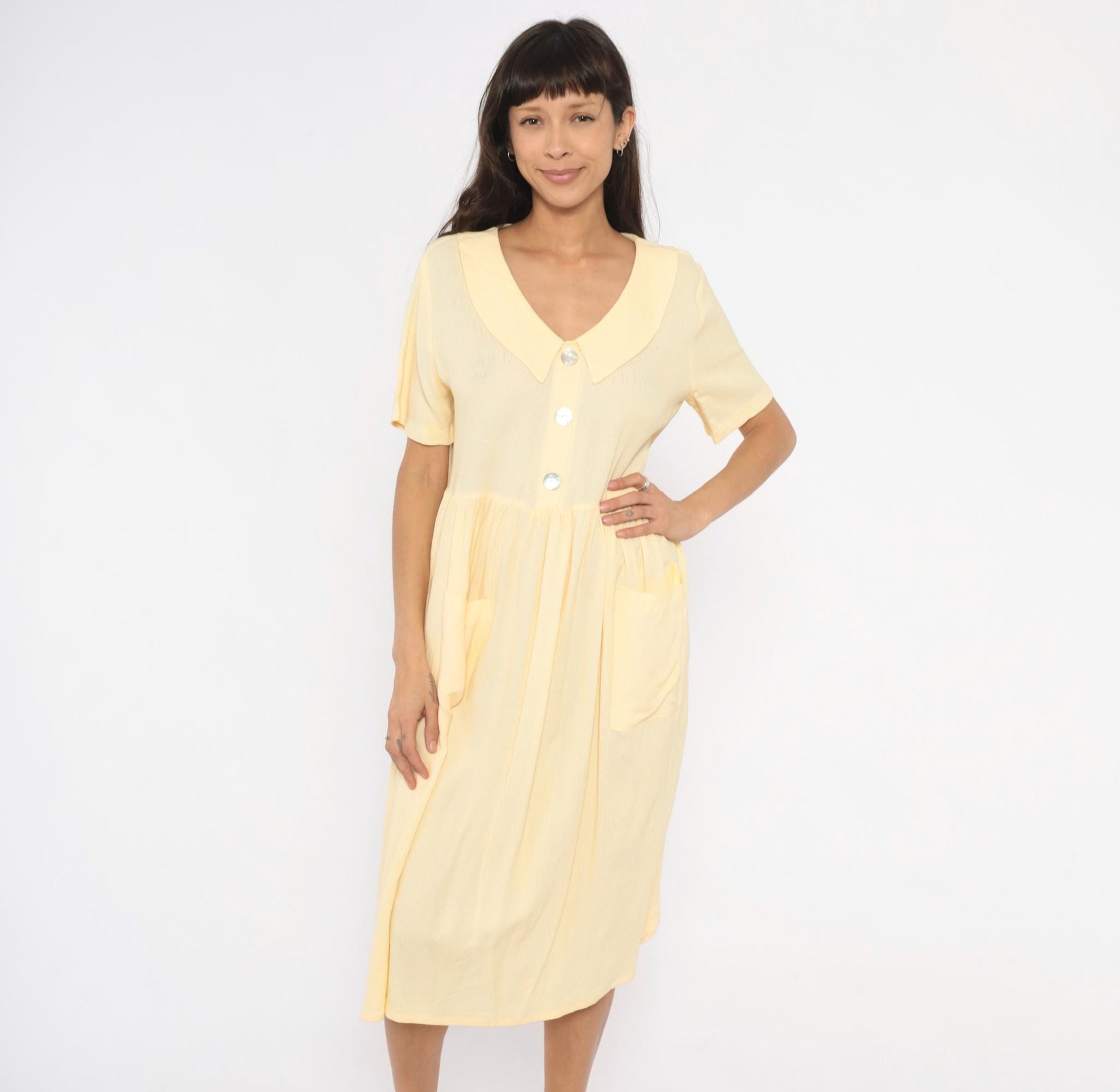 90s Dressing Clio Yellow Gingham Midi Dress Peter Pan Collar Petite Medium