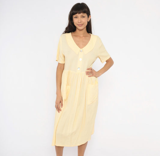 90s Dressing Clio Yellow Gingham Midi Dress Peter Pan Collar Petite Medium