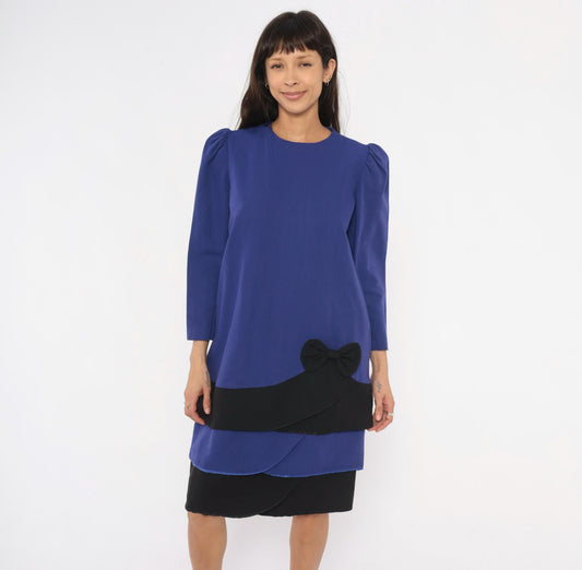 90s A Pea In The Pod Puff Sleeve Dress Purple Black Bow Knee Length Medium