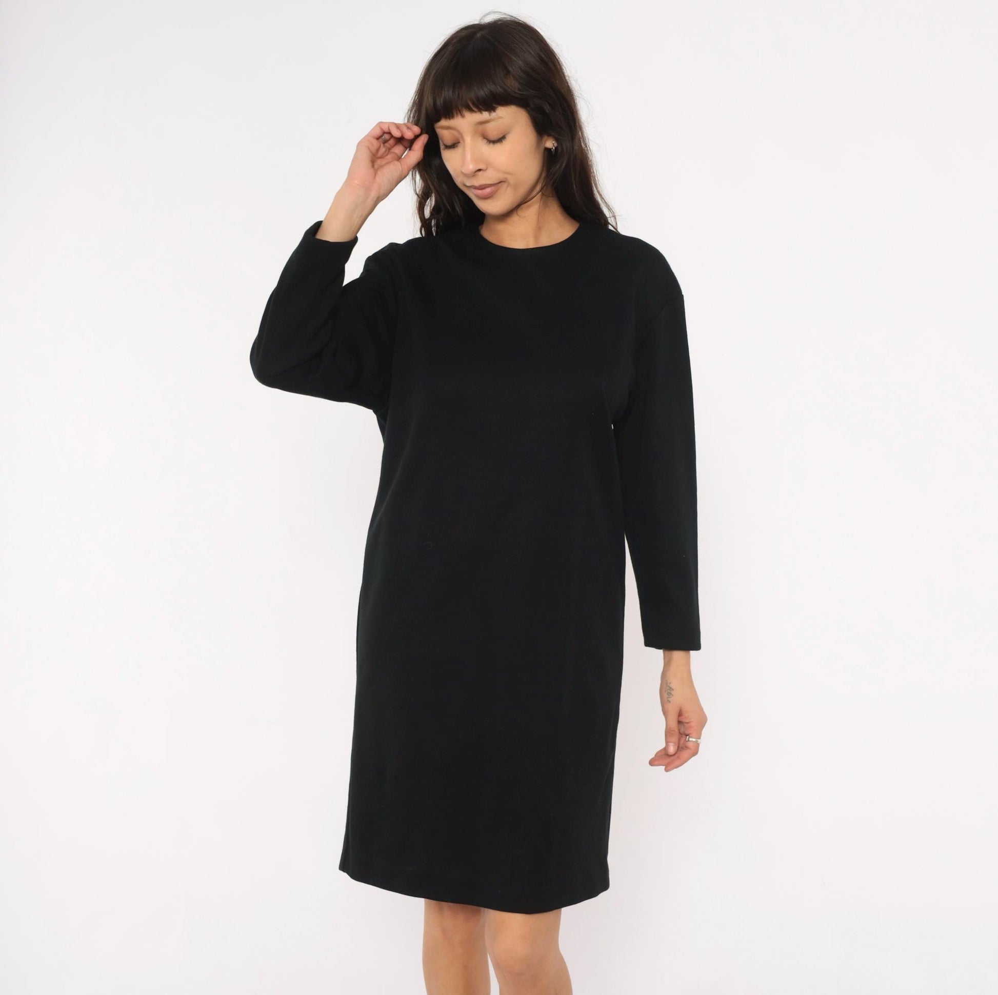 90s Positive Attitude Black Knit Dress Crew Neck Long Sleeve Knee-Length Large L