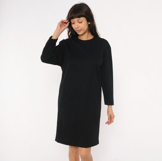 90s Positive Attitude Black Knit Dress Crew Neck Long Sleeve Knee-Length Large L