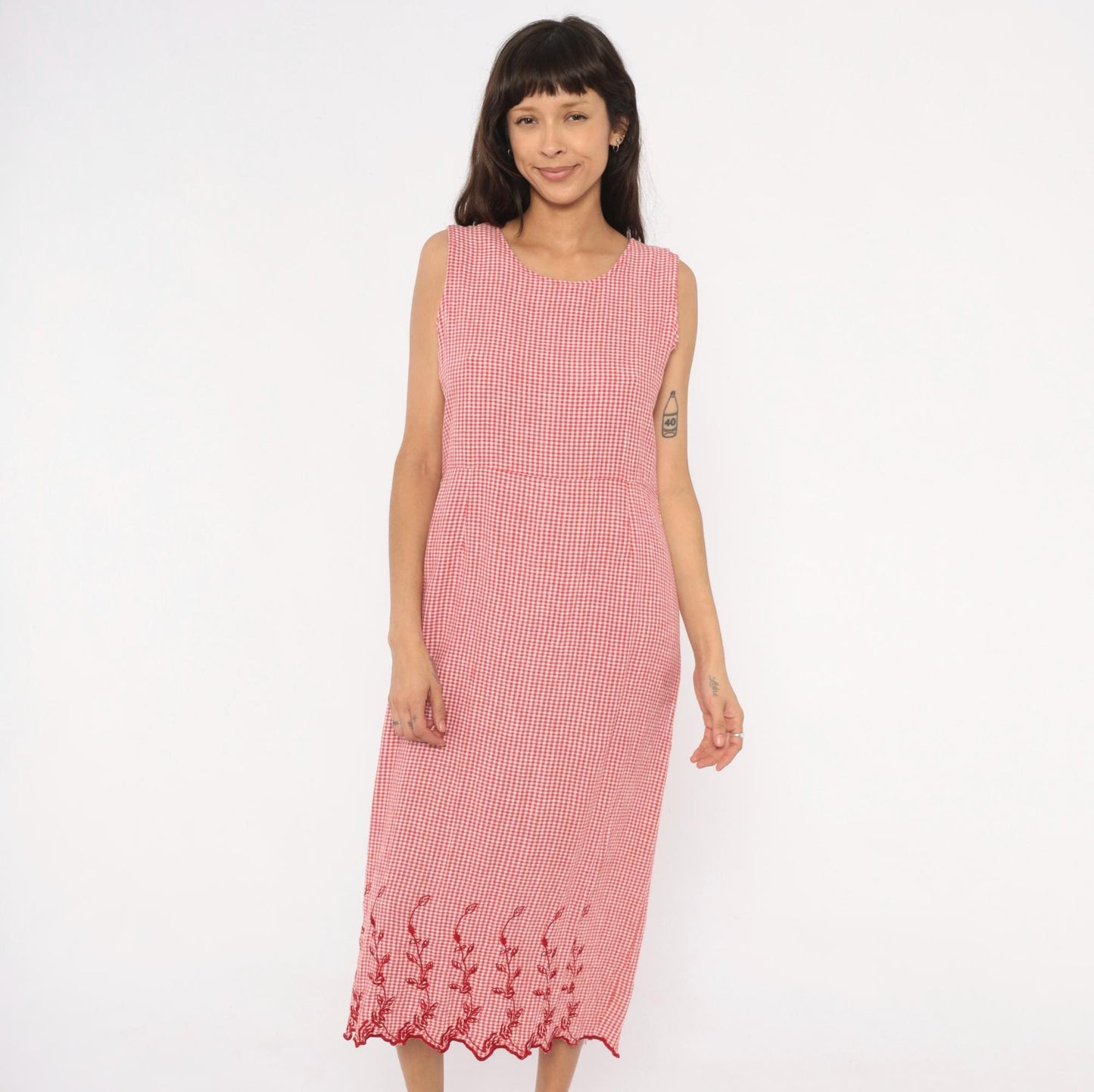 80s Country Wear Gingham Midi Dress Red White Embroidered Scalloped Petite Large