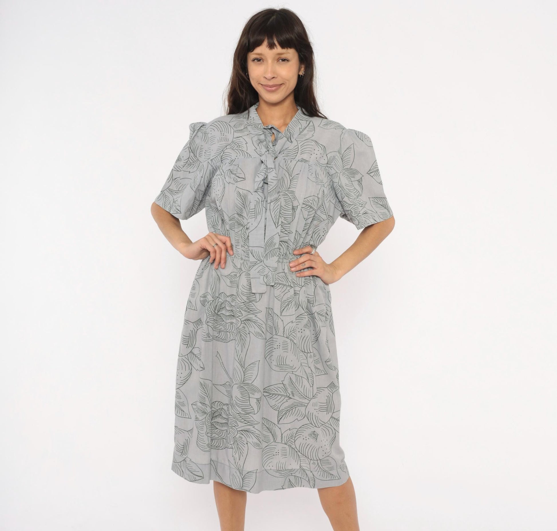 80s Botanical Leaf Print Grey Cotton Tie Neck Dress Puff Sleeve Small Medium