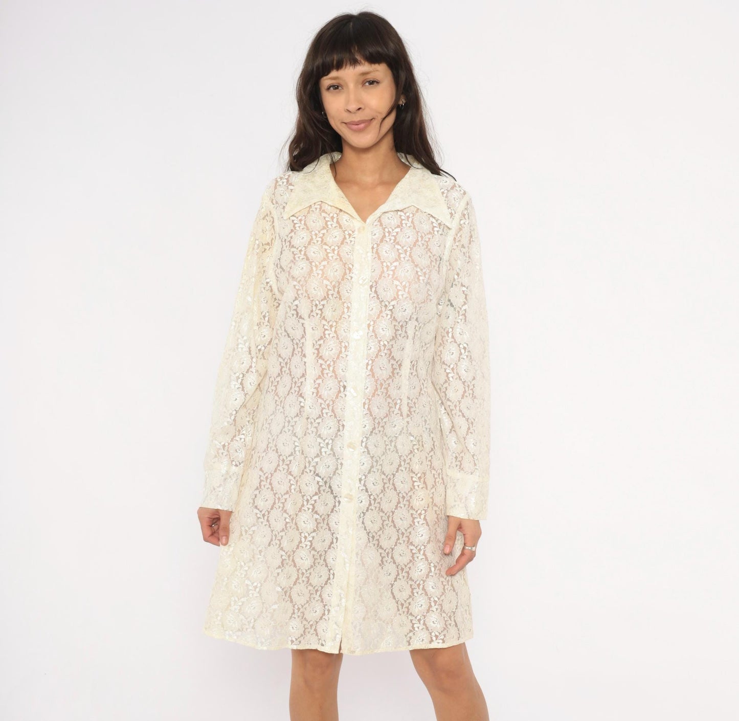 90s Deparis Cream Floral Lace Shirt Dress Knee Length Collared Large