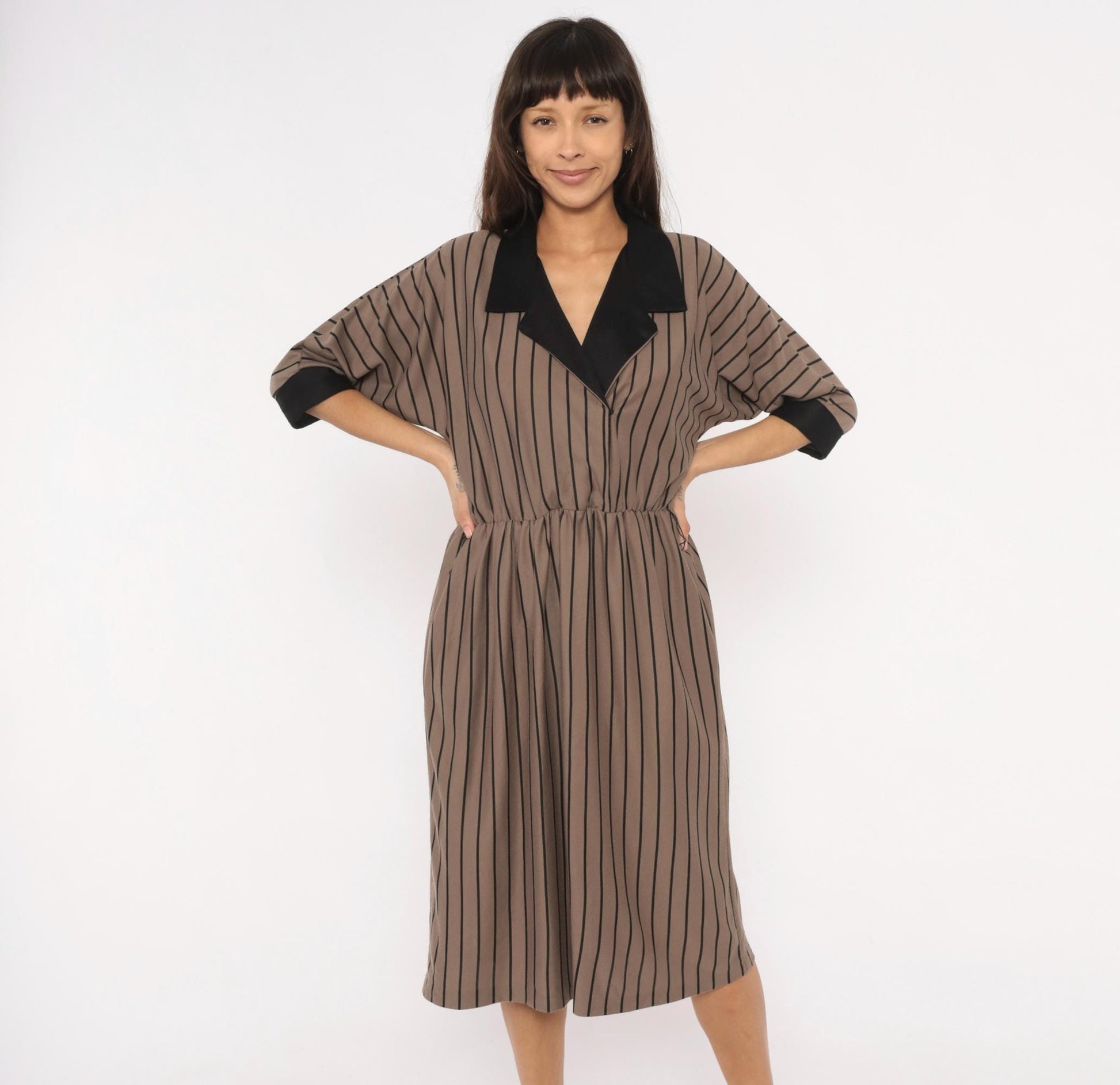 80s Studio Petites Striped Wrap Midi Dress Taupe Black Notched Collar Petite 14P