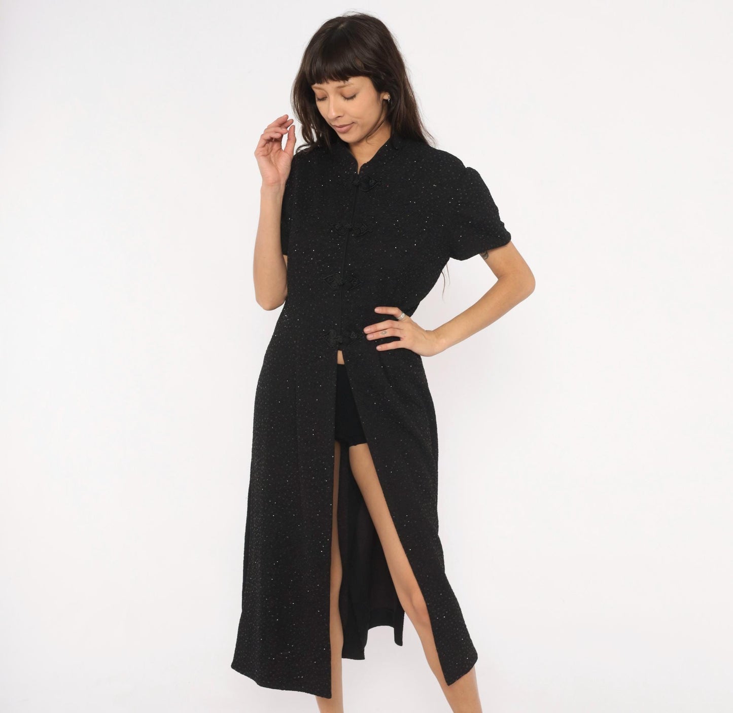 90s R&M Richards Black Glitter Cheongsam Midi Dress Frog Closure Mandarin Collar Extra Large