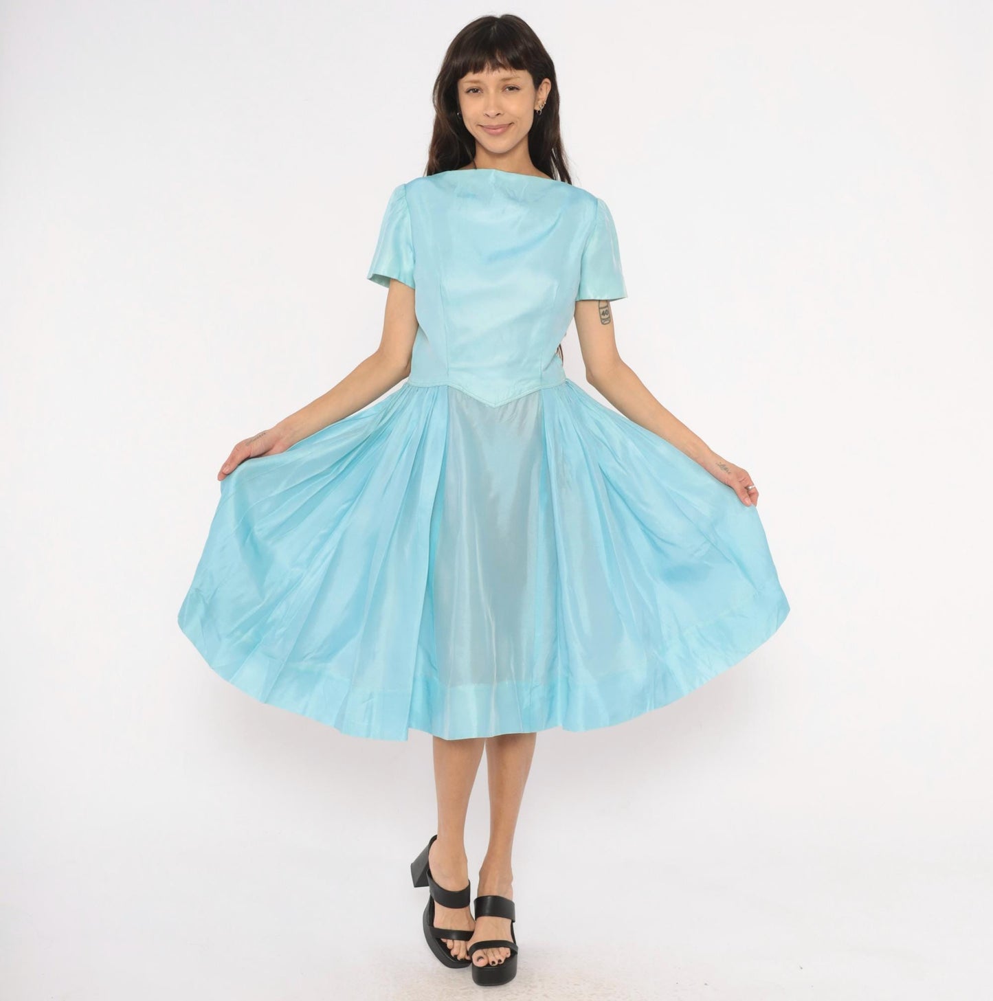 60s Baby Blue Fit-and-Flare Dress Basque Waist Pleated Knee-Length Large L