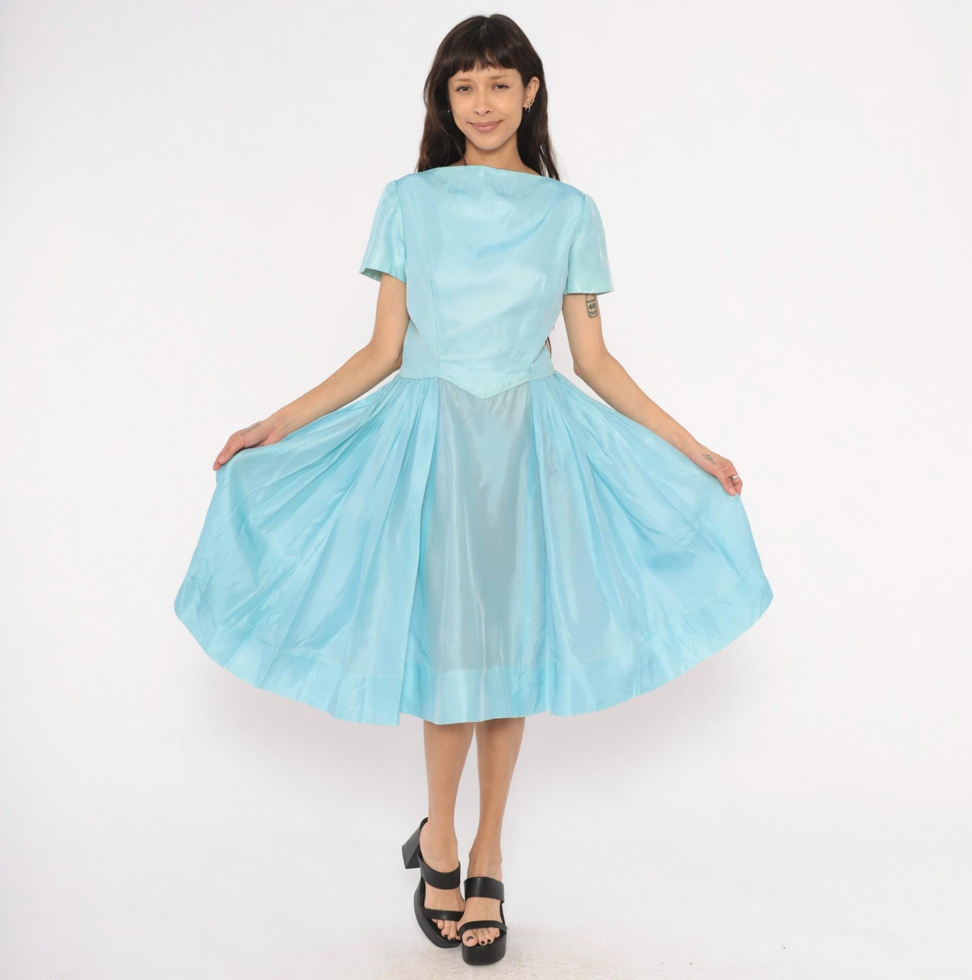 60s Baby Blue Fit-and-Flare Dress Basque Waist Pleated Knee-Length Large L