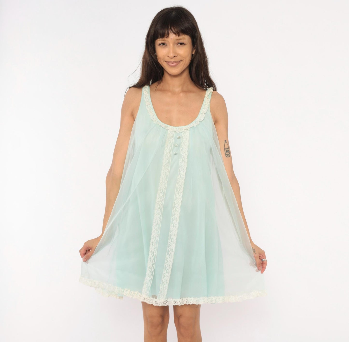 70s Seafoam Babydoll Nightgown Lace Trim Sheer Chiffon Mint Green Mini Medium