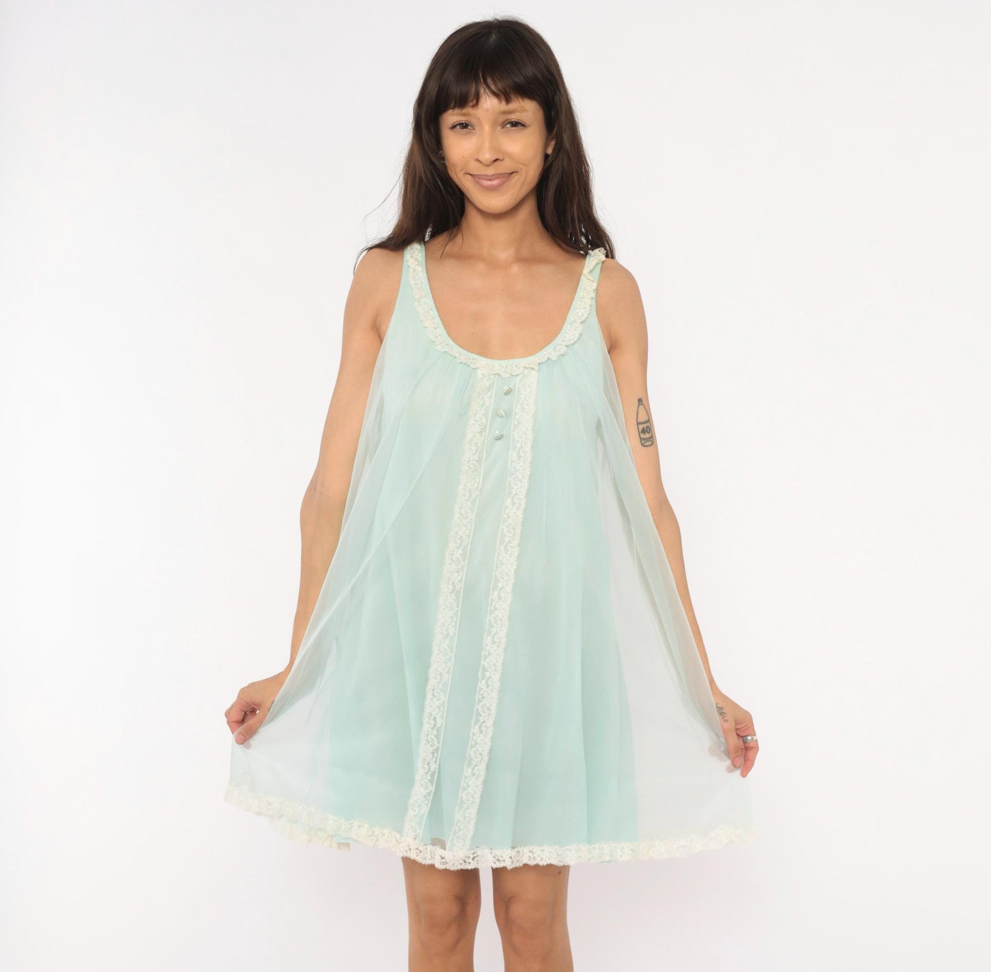 70s Seafoam Babydoll Nightgown Lace Trim Sheer Chiffon Mint Green Mini Medium