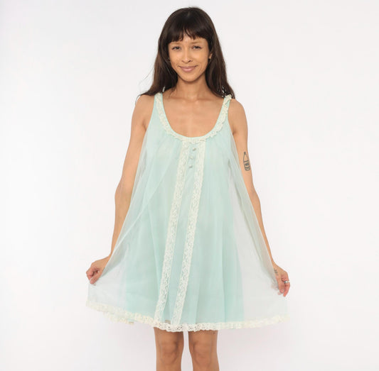 70s Seafoam Babydoll Nightgown Lace Trim Sheer Chiffon Mint Green Mini Medium