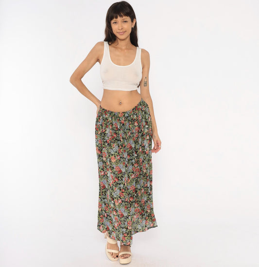 90s Necessary Objects Floral Maxi Skirt Rose Print Pleated Small S