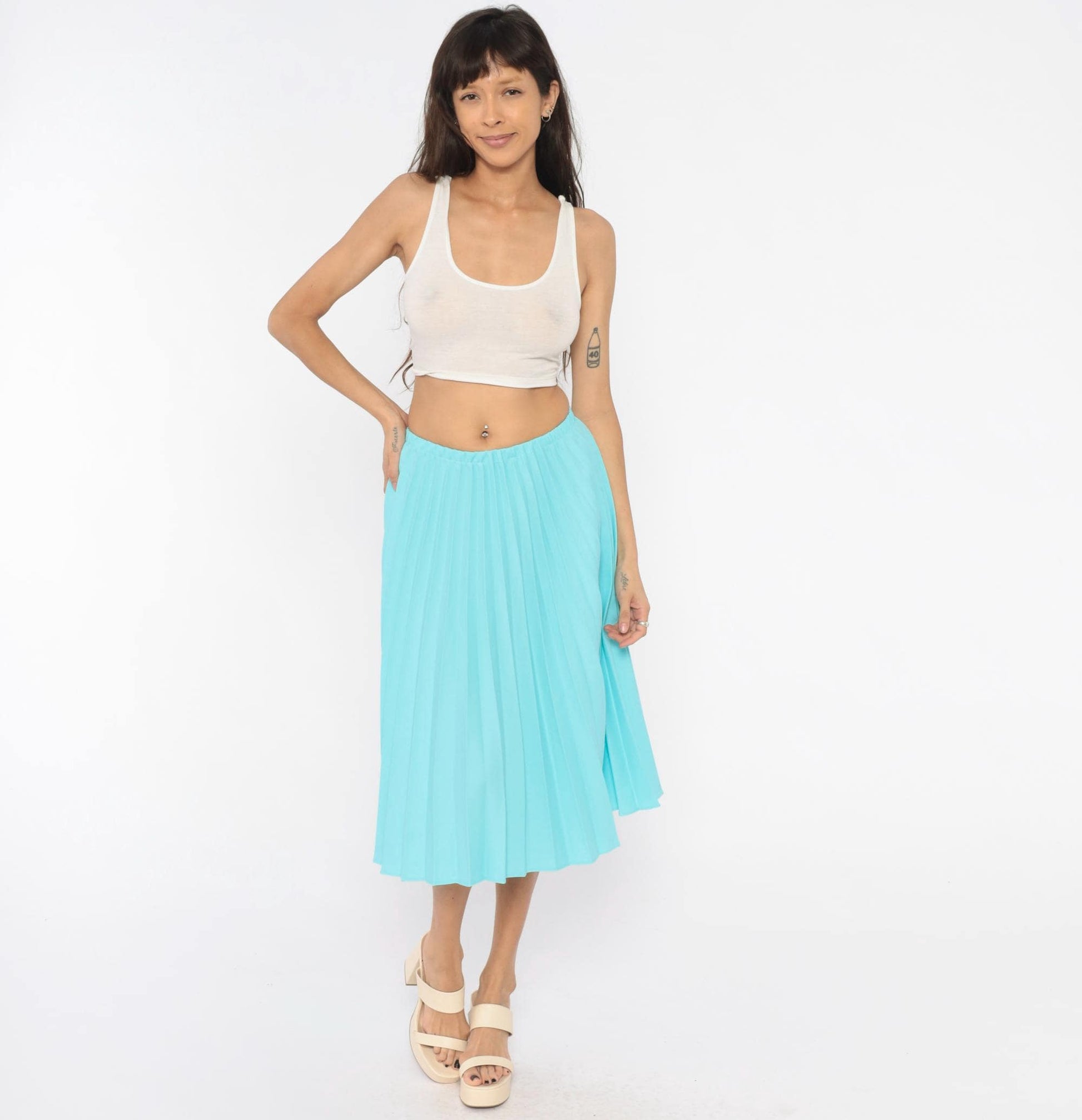 70s Aqua Pleated Midi Skirt Accordion Knife Pleat A-Line Sky Blue Small Medium