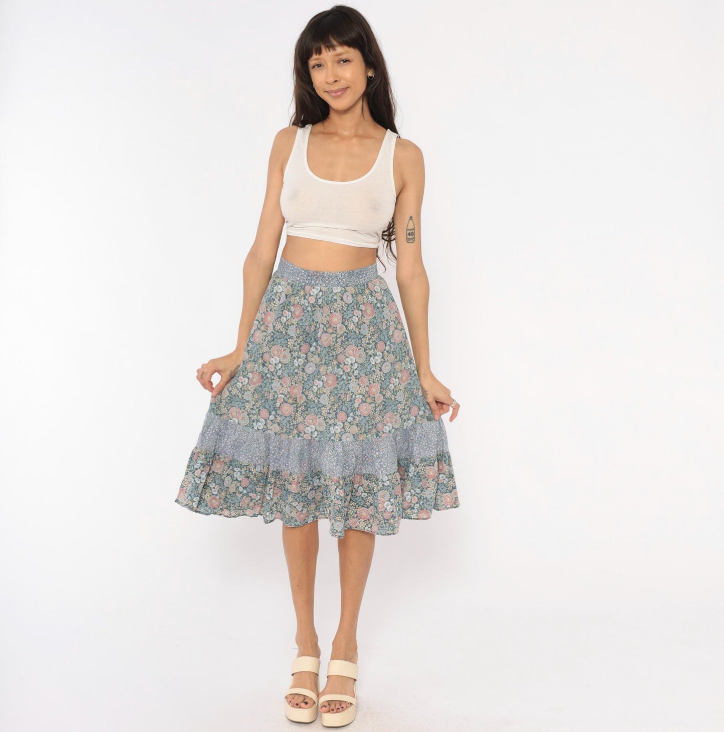 70s Floral Prairie Skirt Cotton Tiered Ruffle Dusty Blue Pink Extra Small XS