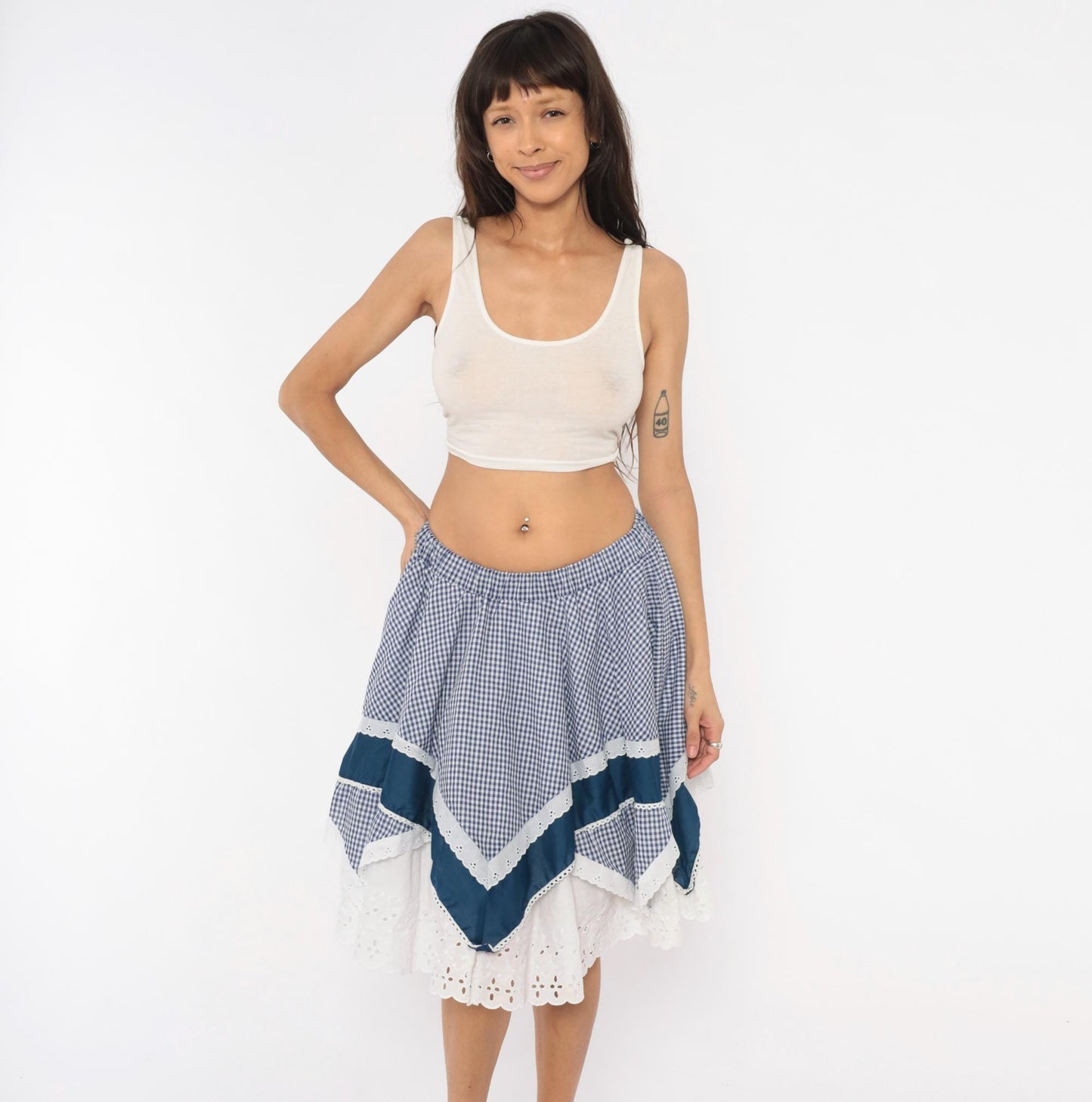 80s Jeri Bee Gingham Circle Skirt Blue White Eyelet Lace Trim Small
