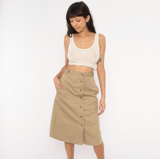 80s Bear It Khaki A-Line Midi Skirt Button Front Cotton Tan Small S