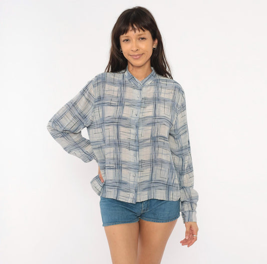 70s Abstract Plaid Blouse Blue Cream Mandarin Collar Button Front Medium