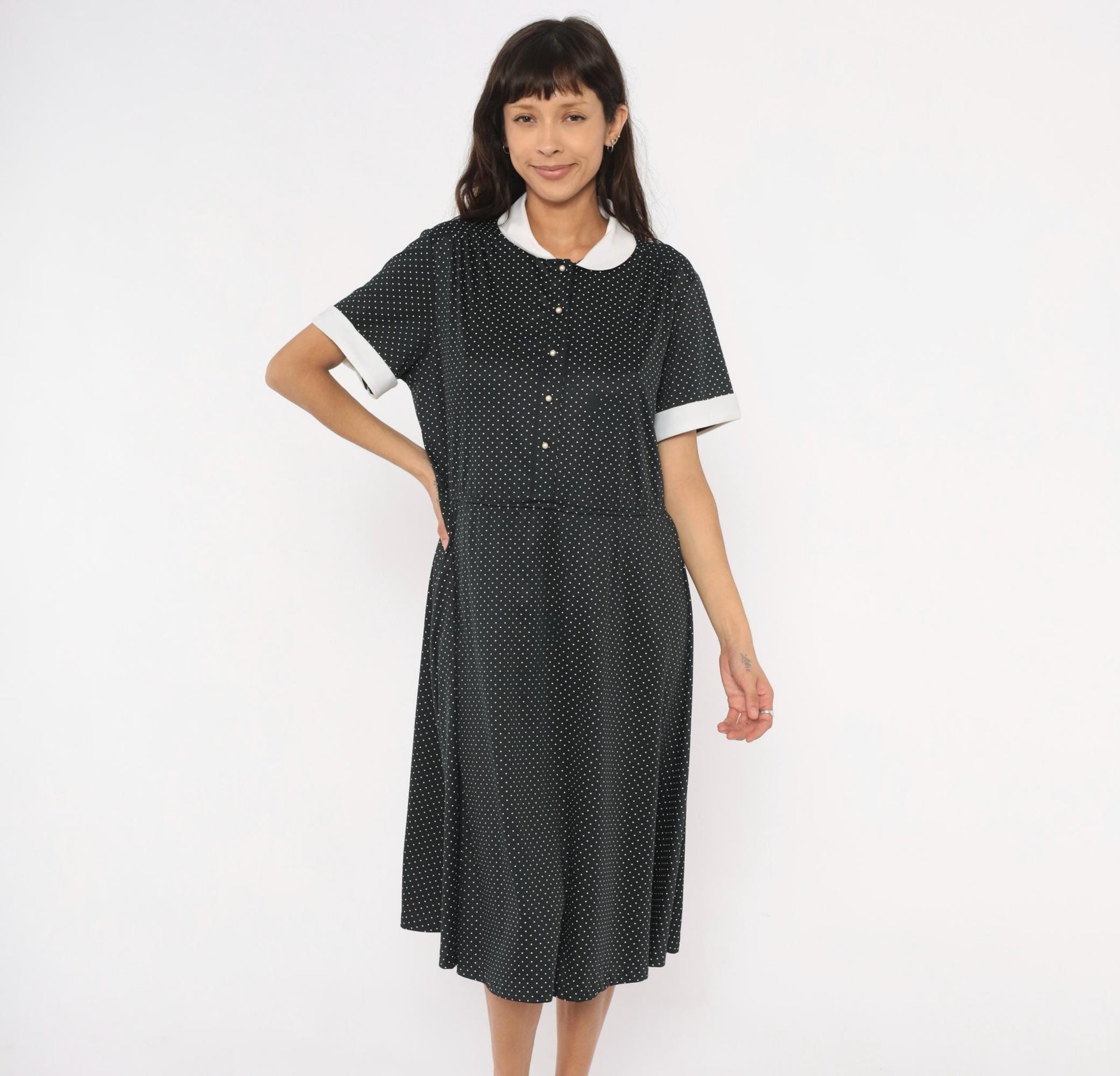 1970s Black White Polka Dot Peter Pan Collar Midi Dress Plus Size XL