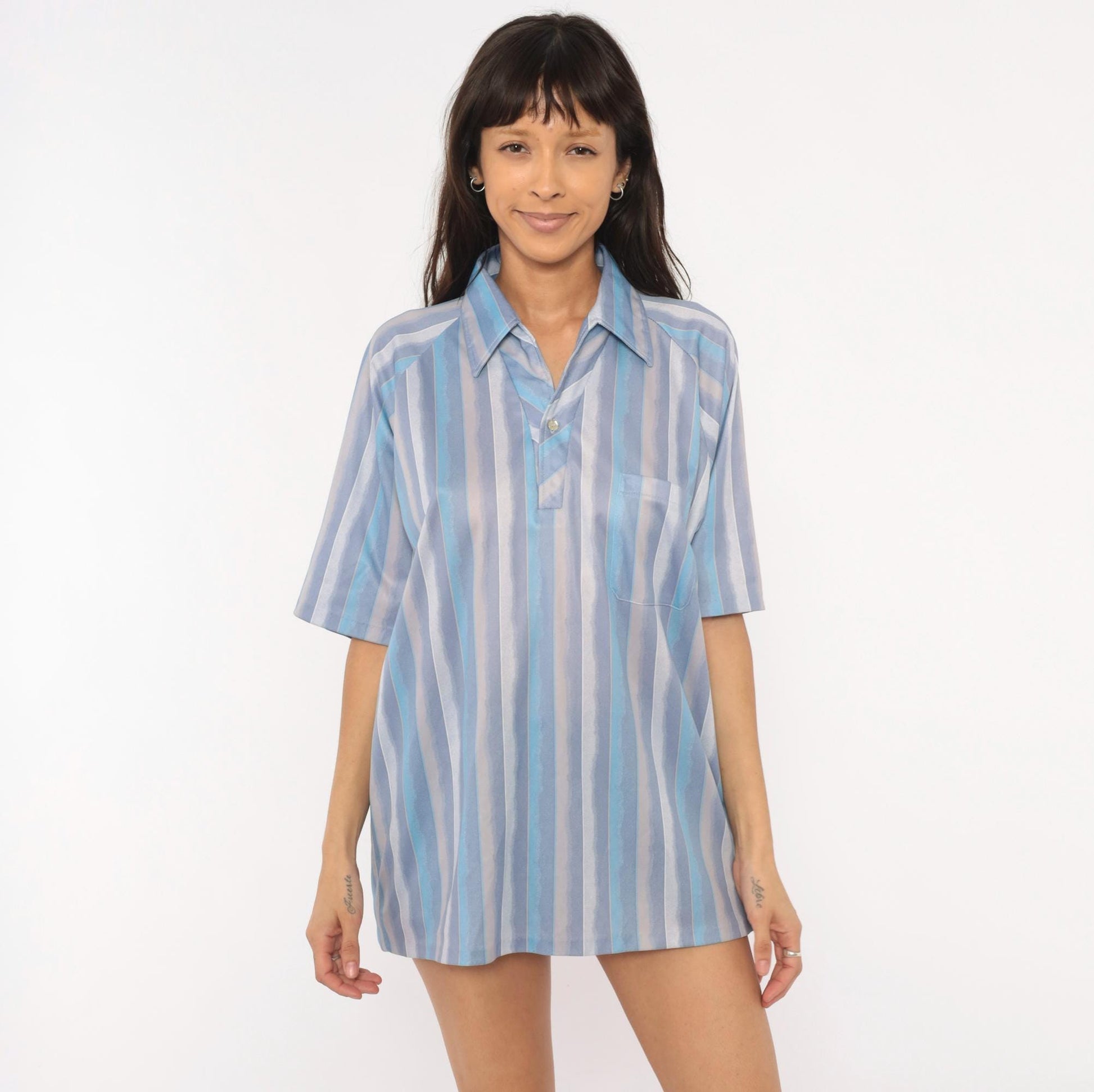 90s Dache Watercolor Stripe Polo Lavender Blue Grey Short Sleeve Large L